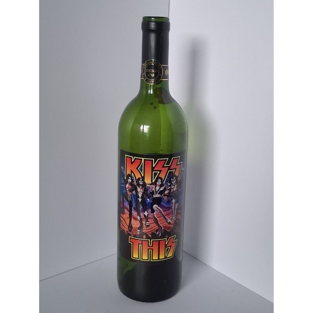 1996 KISS THIS First Edition Empty Glass Wine Bottle Kiss Rock Band Destroyer